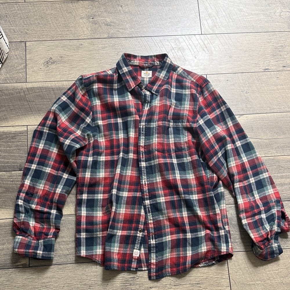 Marine Layer - Red & Navy Plaid Flannel Shirt